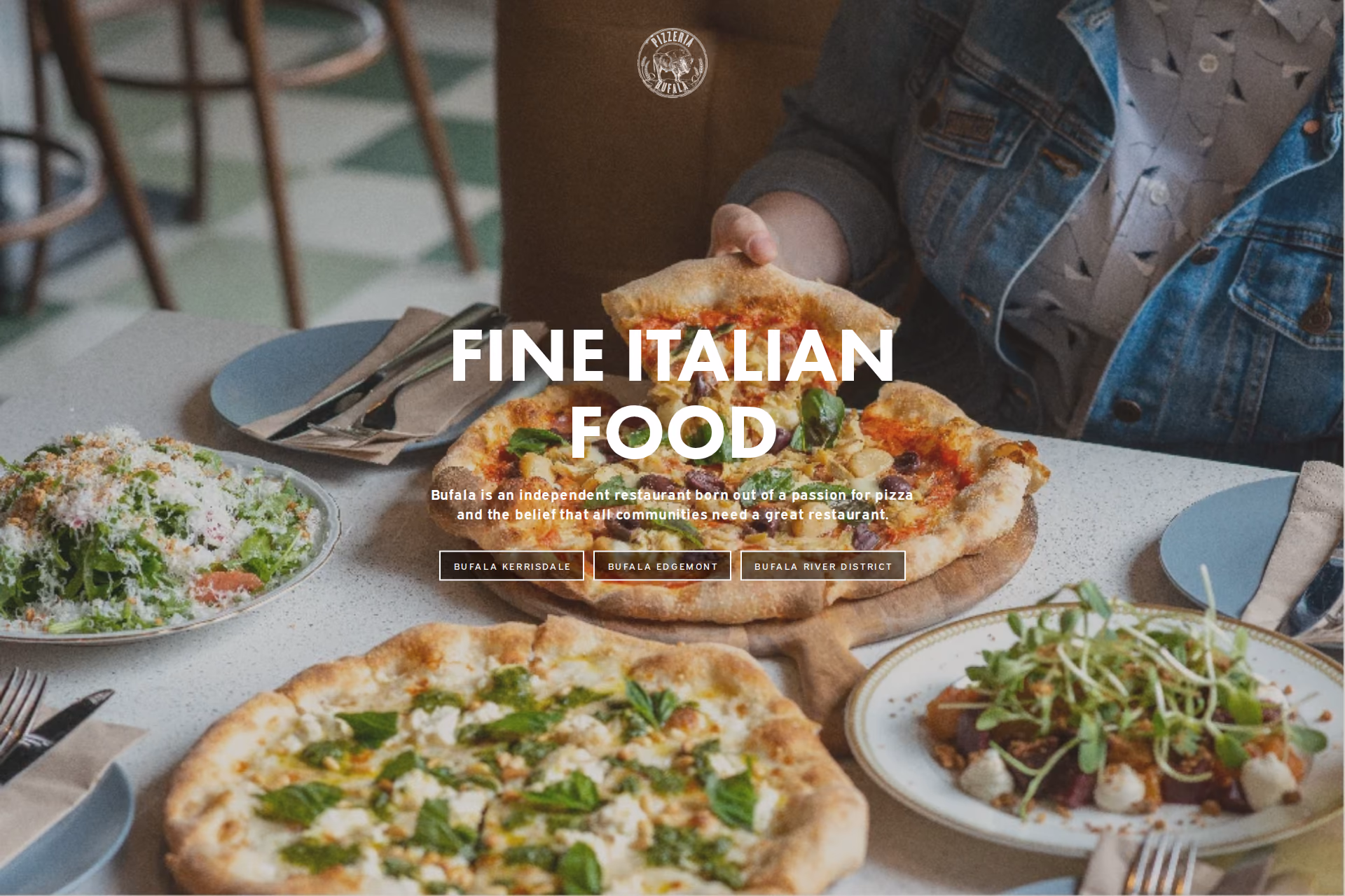 Bufala homepage with blistered Neapolitan pizza from the stone oven
