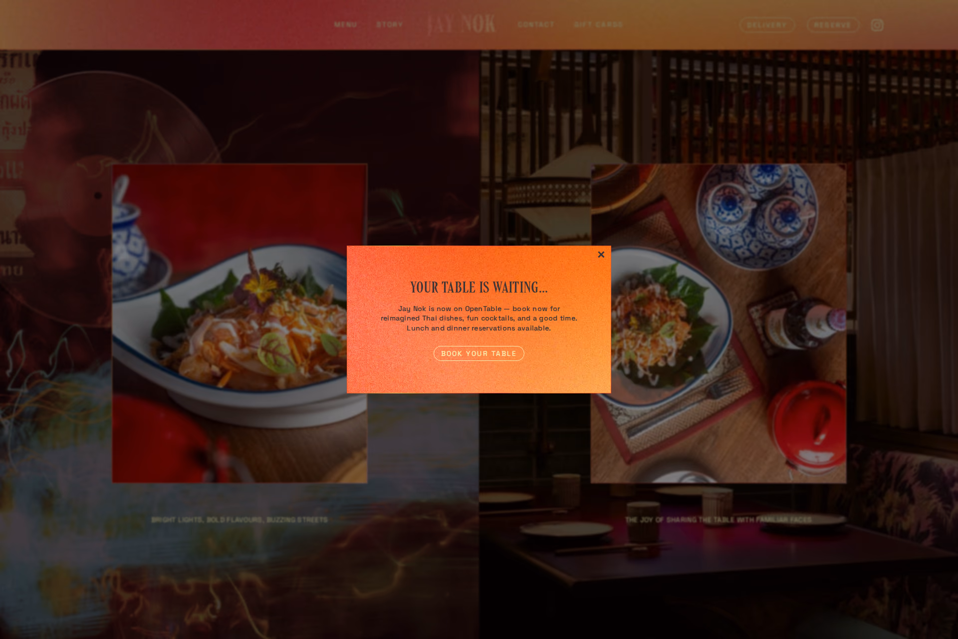 JAY NOK Modern Thai homepage with vibrant, neon-lit restaurant imagery