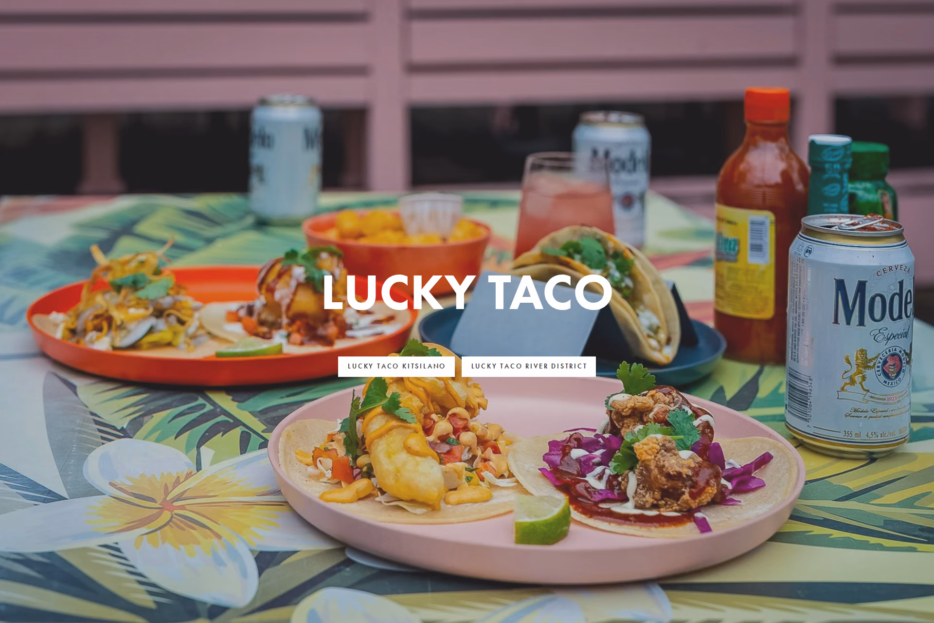 Lucky Taco homepage with colourful tacos and margaritas