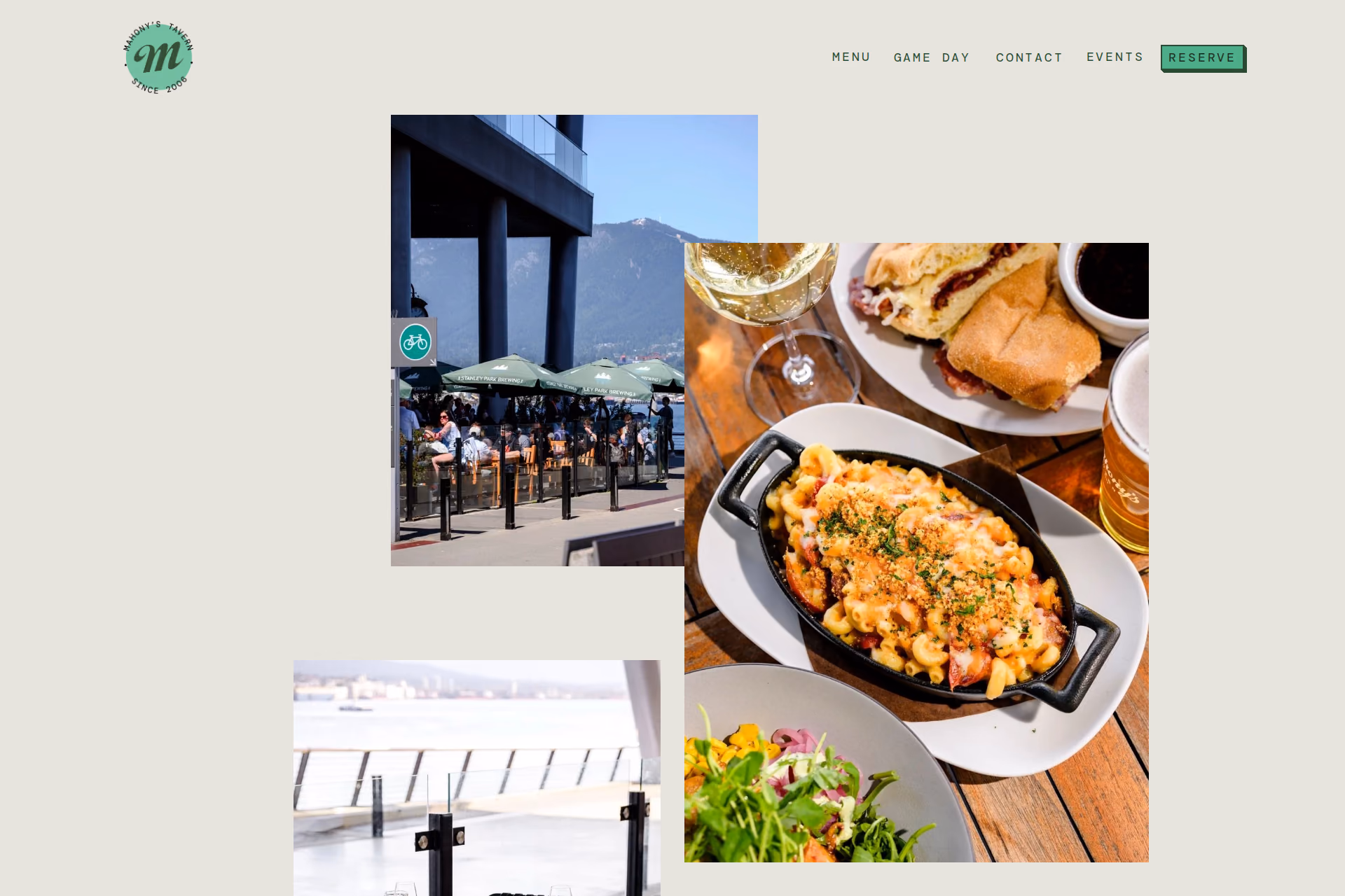 Mahony's Tavern homepage showing its waterfront patio