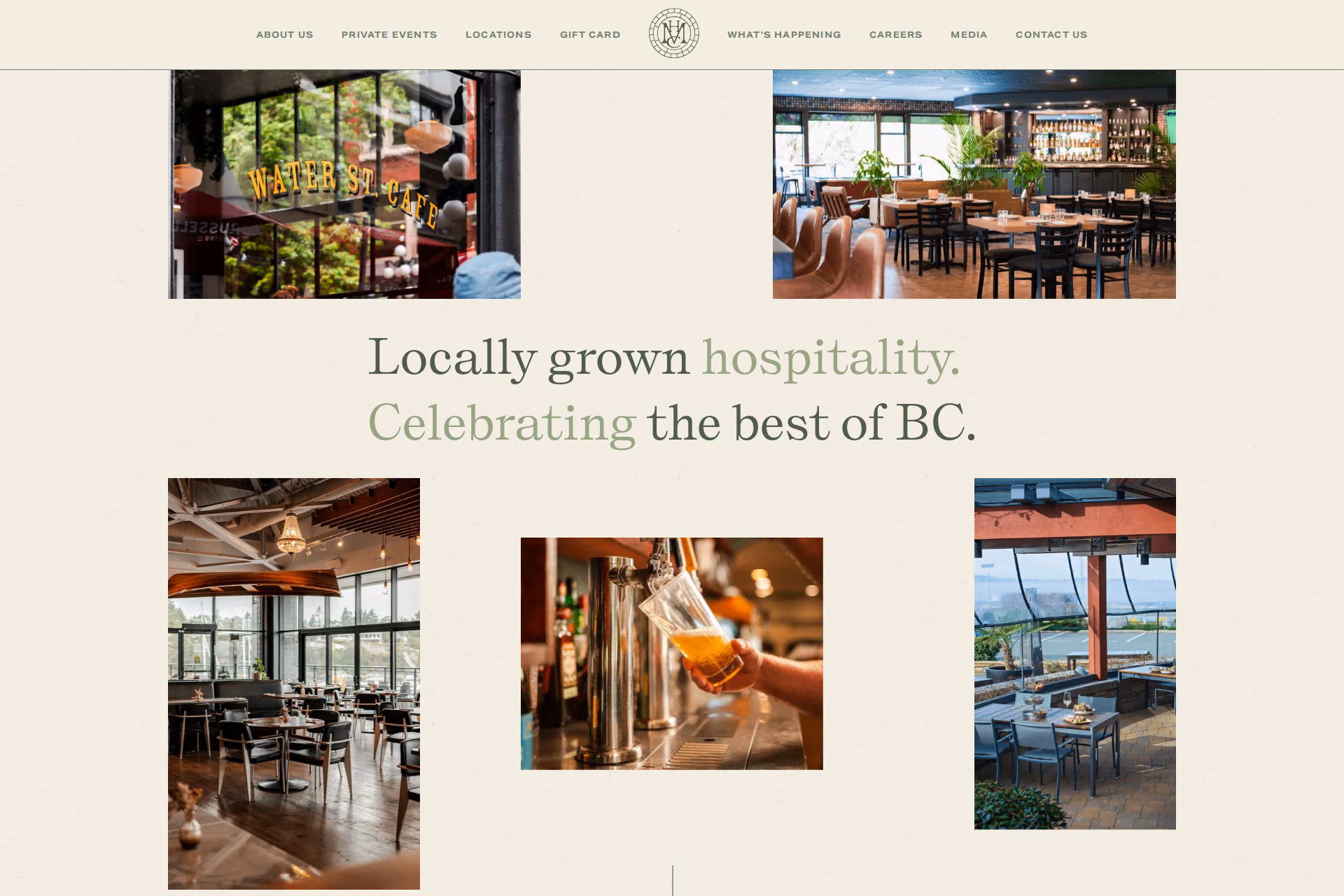 Moments Hospitality Collective homepage introducing its BC restaurants