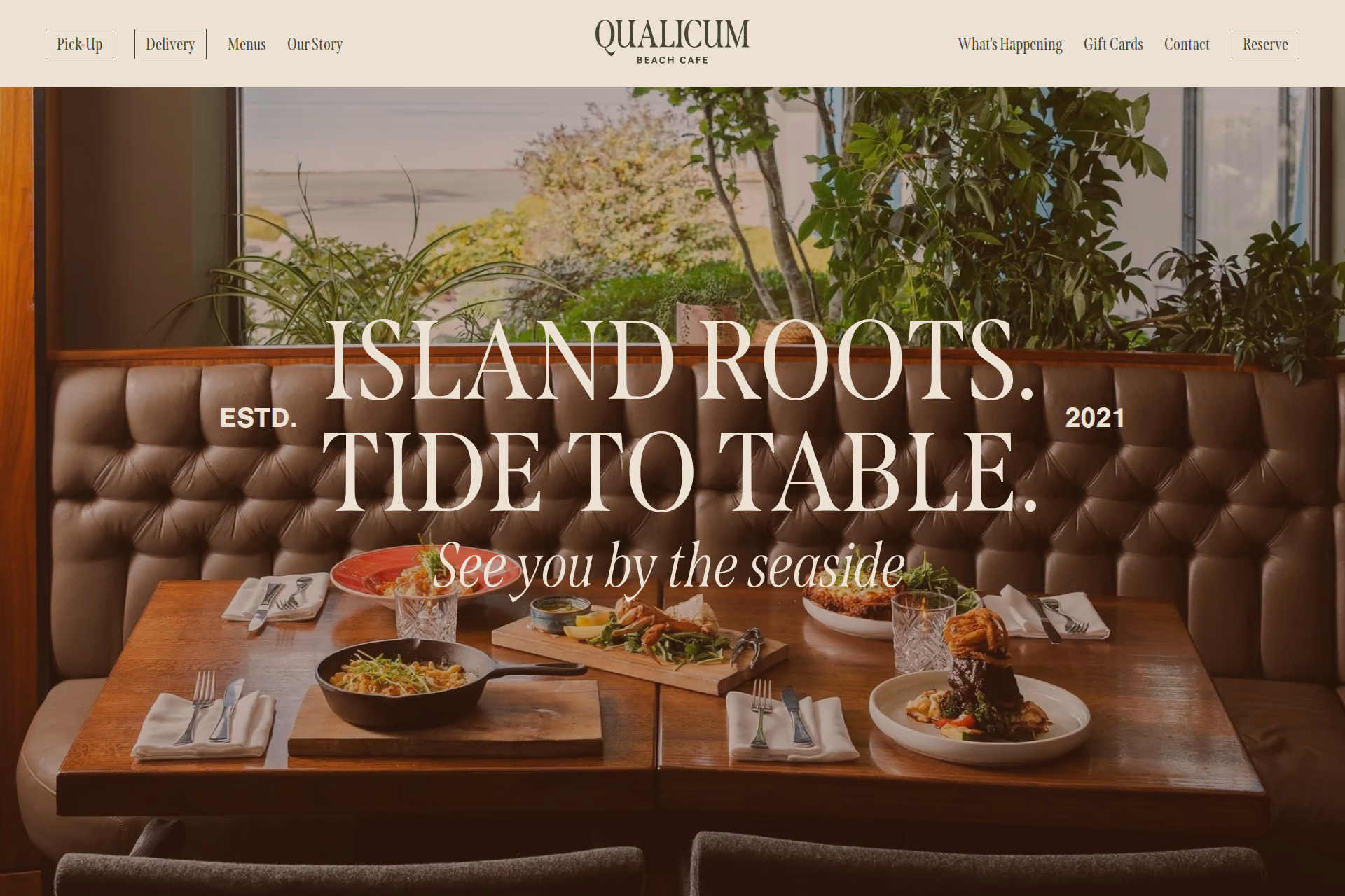 Qualicum Beach Cafe homepage with ocean-view dining imagery