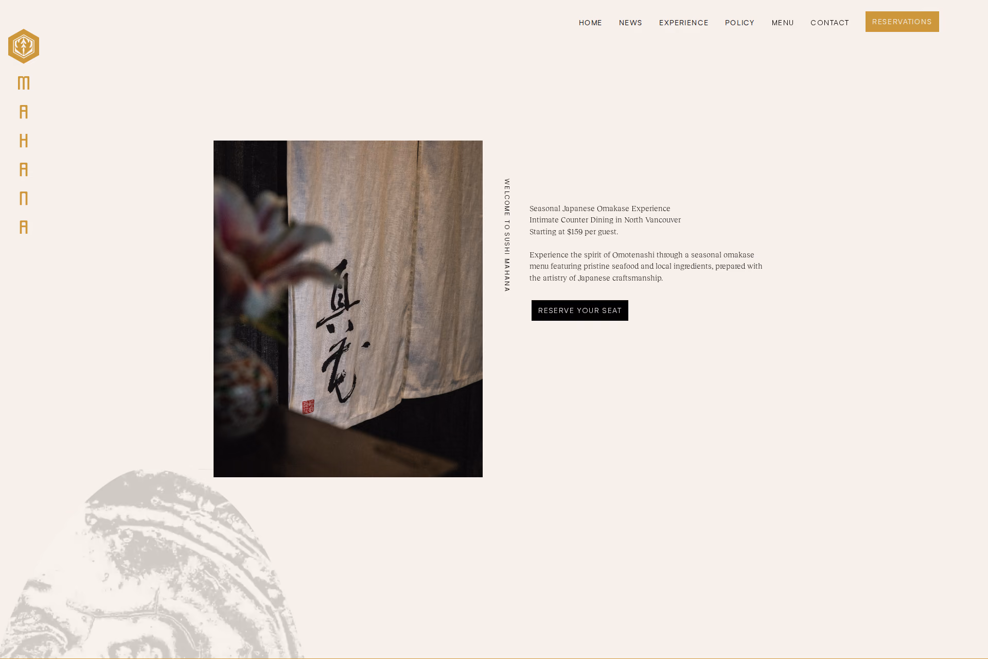 Sushi MAHANA homepage showing the omakase counter